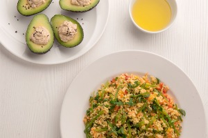 Warm Millet Salad and Avocado Stuffed with Hummus