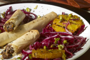 Red Cabbage and Orange Salad with Date and Olive Cigars